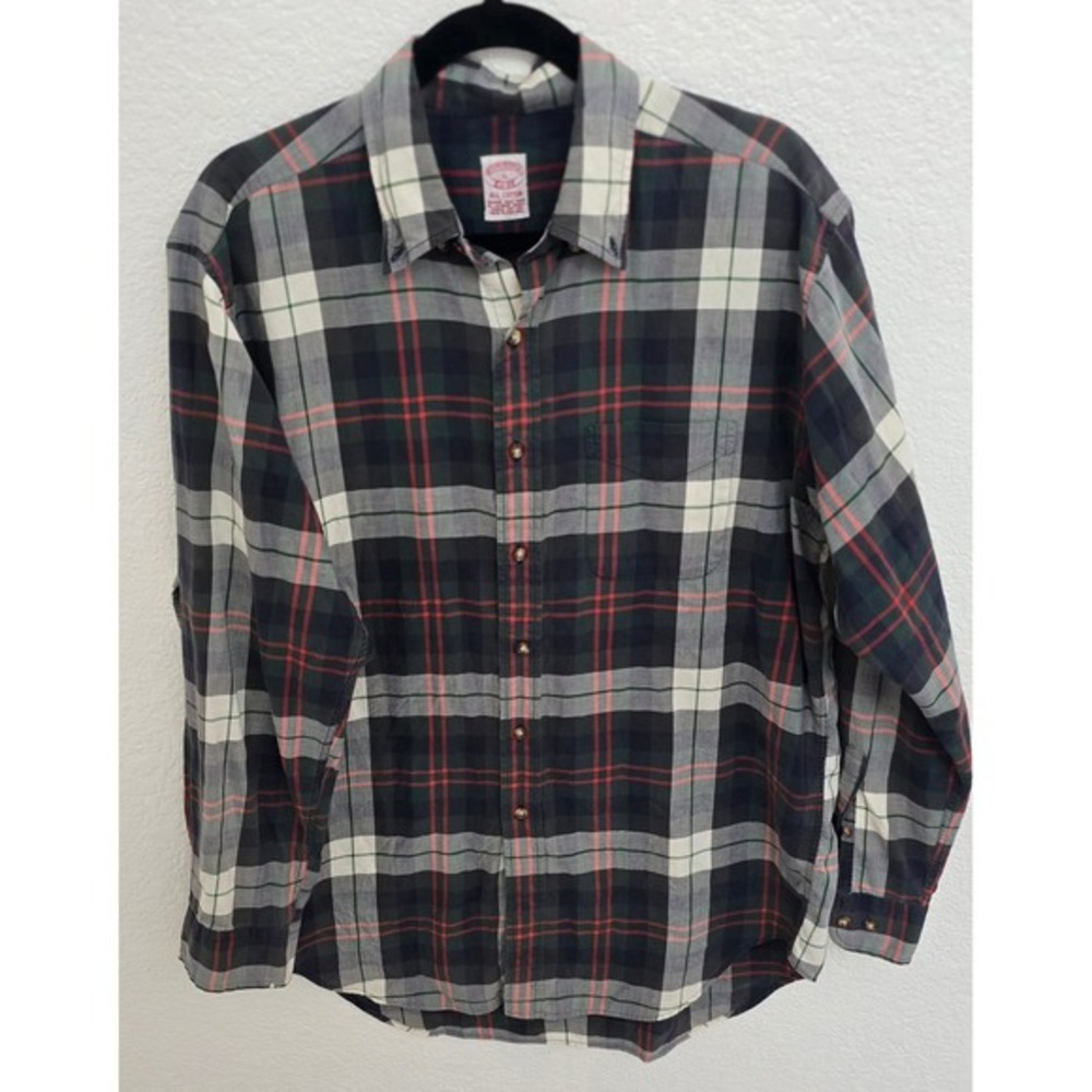 Brooks Brothers Plaid Shirt Mens L Green Button‎ Down Cotton L/S